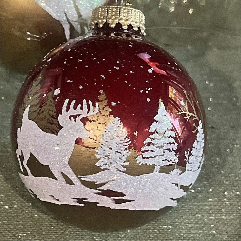 Krebs Glass Deer Winter Christmas Ornaments Round Red Gold Balls Boxed Set of 4